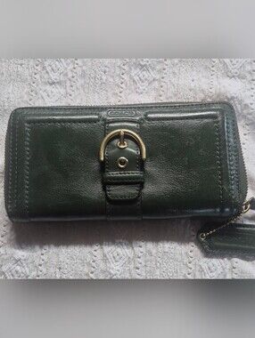 Coach Dark Green Leather Zip Wallet with Brass Buckle